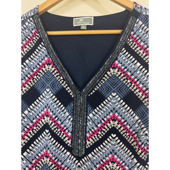 Size 2X 18 20 JM Collection Navy Chevron Print Beaded Shift Dress Summer Plus Sz - Picture 3 of 5